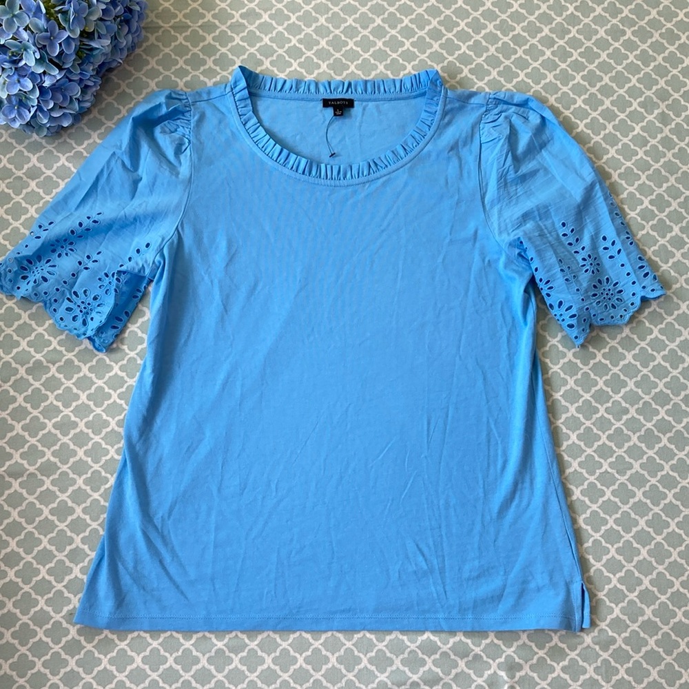 NWOT Talbots Eyelet Sleeve Ruffle Neck Cotton Blouse Light Blue L